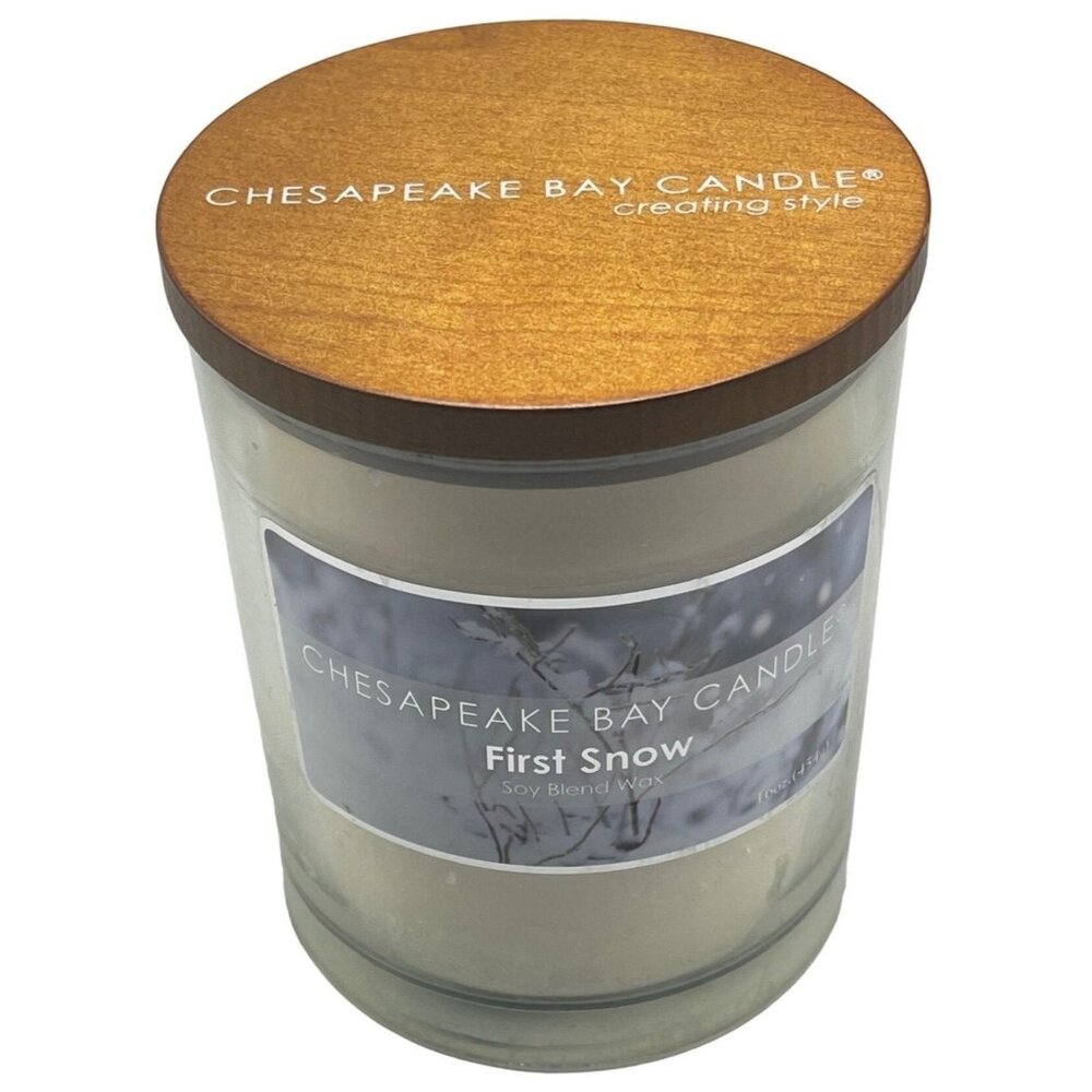 Chesapeake Candle white candle in glass jar wood lid First Snow Soy blend READ